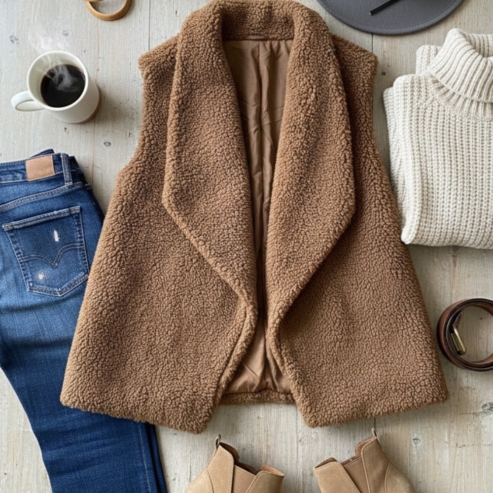 Cozy Brown Teddy Vest for Women size large
